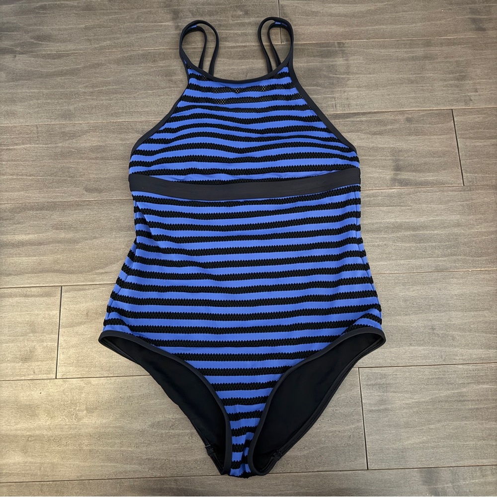 Skye Olivia Swimwear Blue and Black Striped One-Piece Swimsuit Large